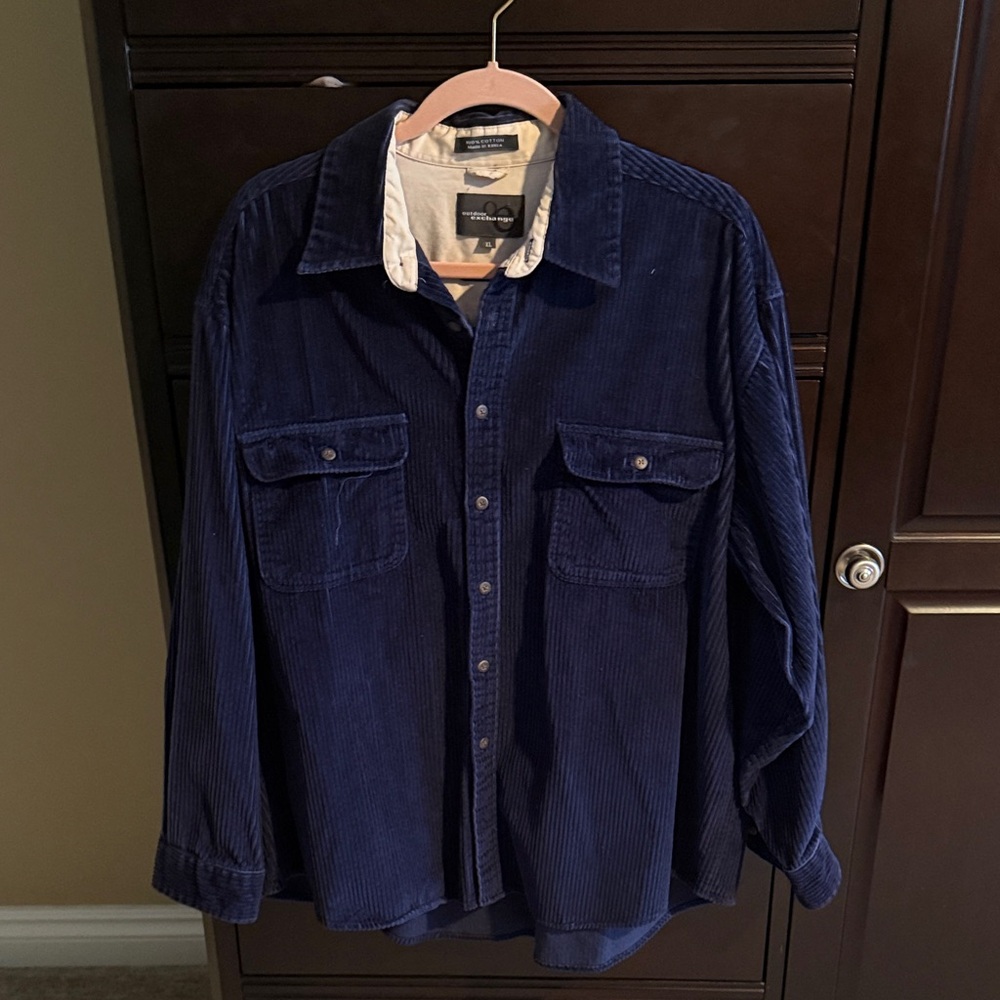 Men's Navy Blue Corduroy Casual Button Down Shirt